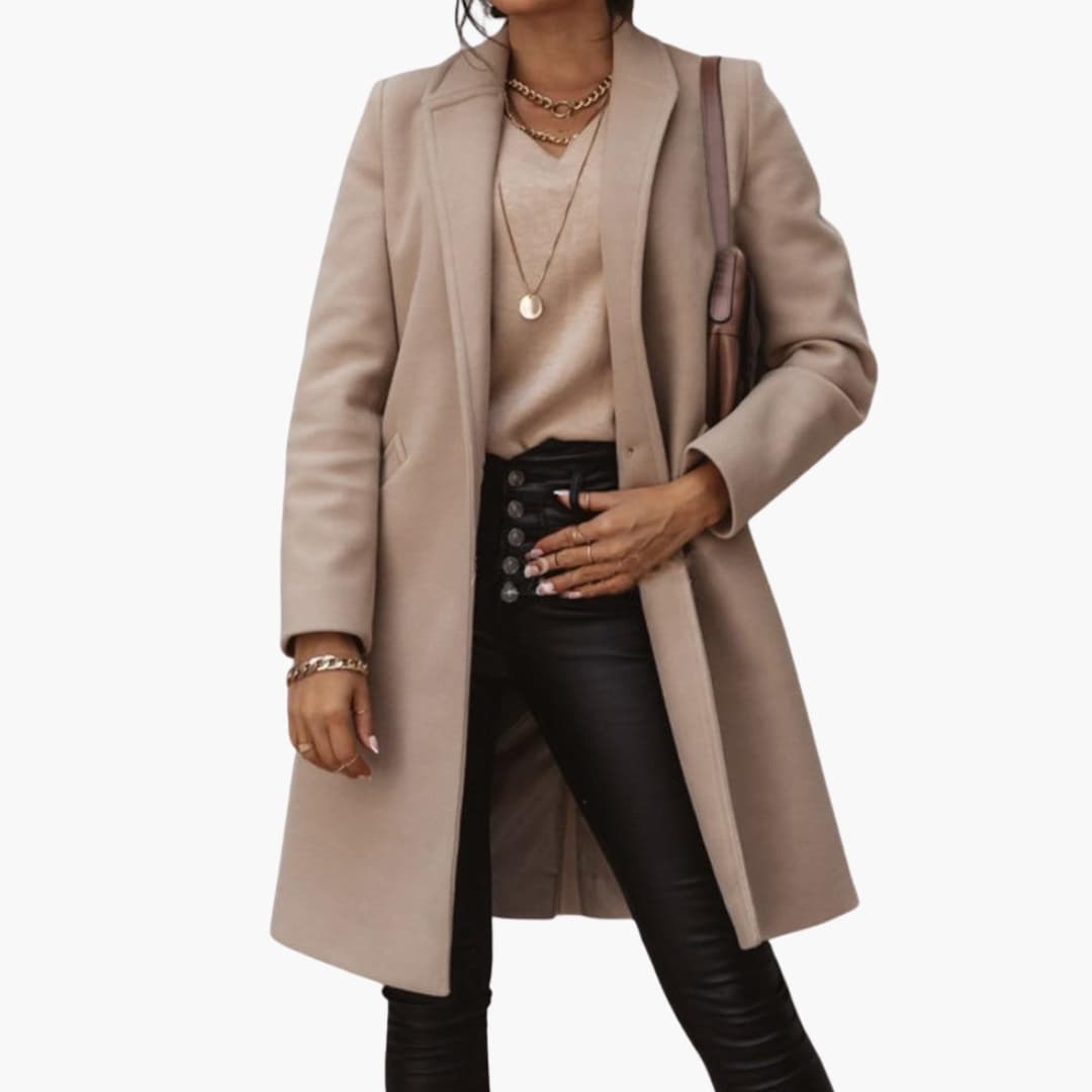 Women's elegant long coat with revers collar and button closure, classic timeless outerwear silhouette