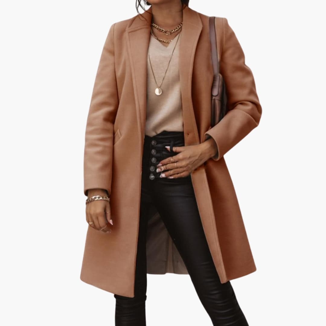 Women's elegant long coat with revers collar and button closure, classic timeless silhouette outerwear