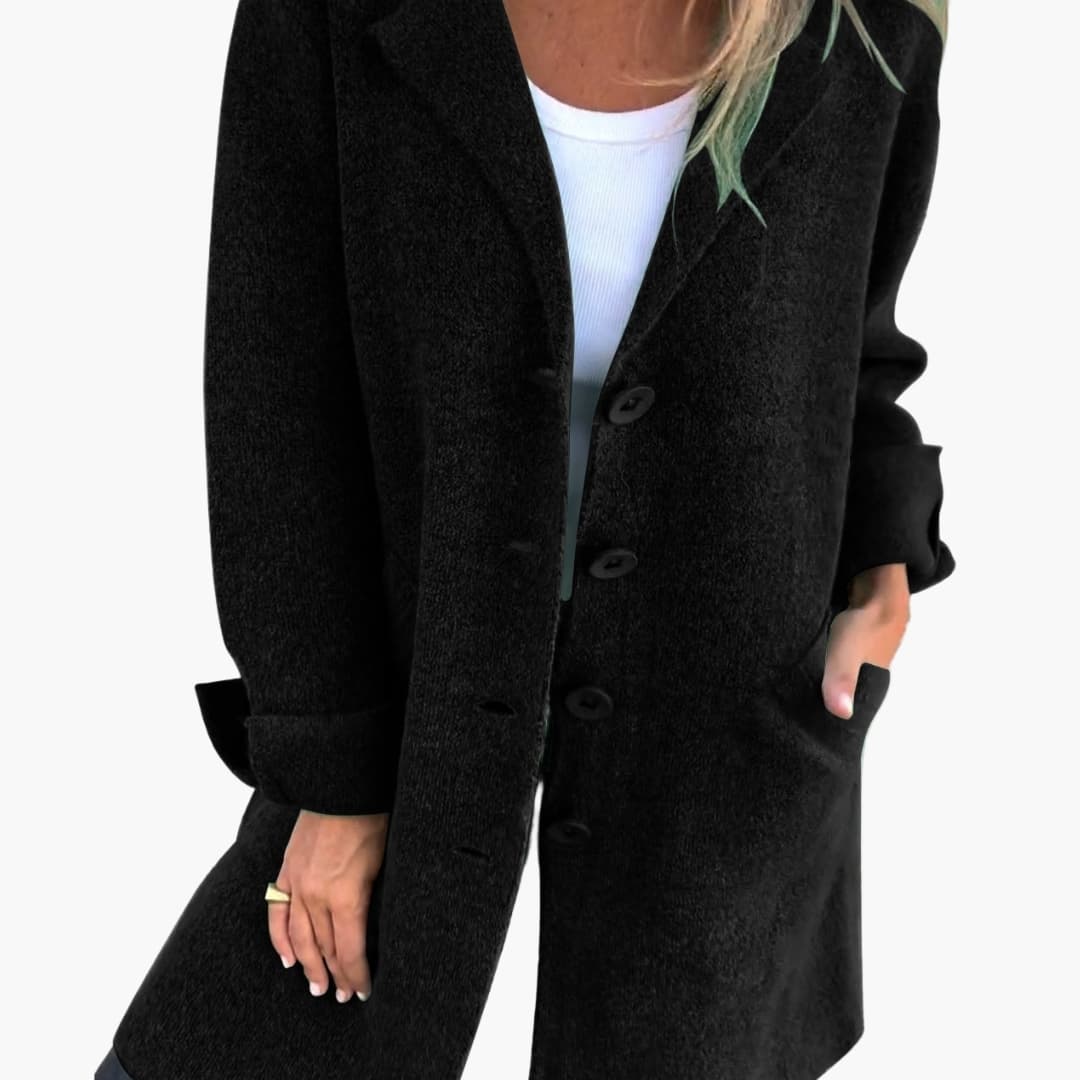 Women's long coat with notched lapel, button closure, side pockets, classic elegant everyday style