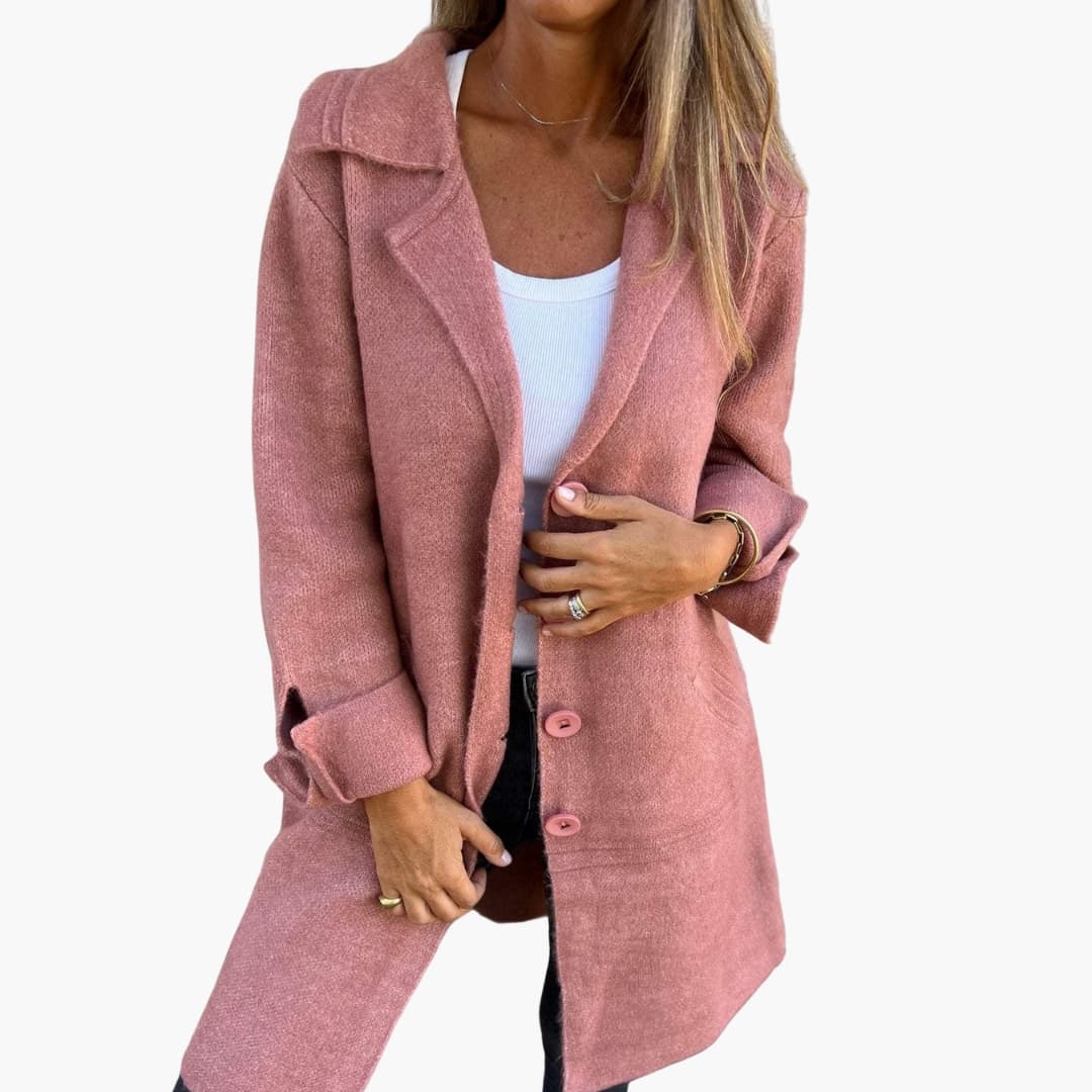 Women's long coat with notched lapel, button closure, side pockets, classic tailored silhouette