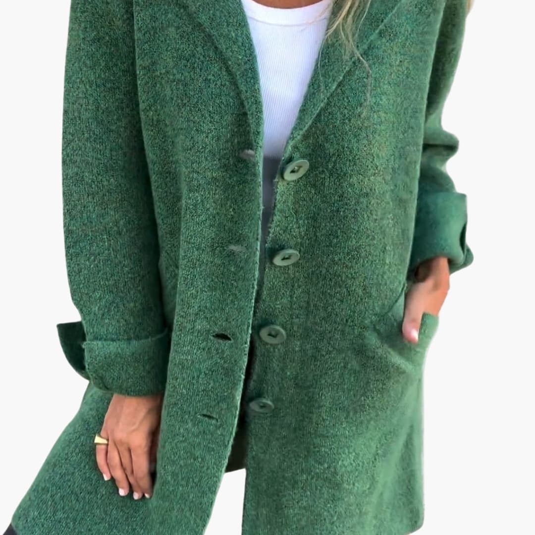 Women's long coat with notched lapel, button closure, side pockets, classic elegant everyday style