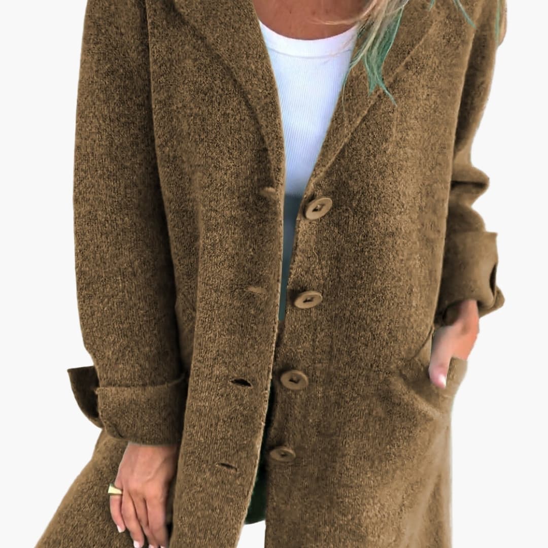 Women's long coat with notched lapel, button closure, side pockets, tailored silhouette for everyday elegance