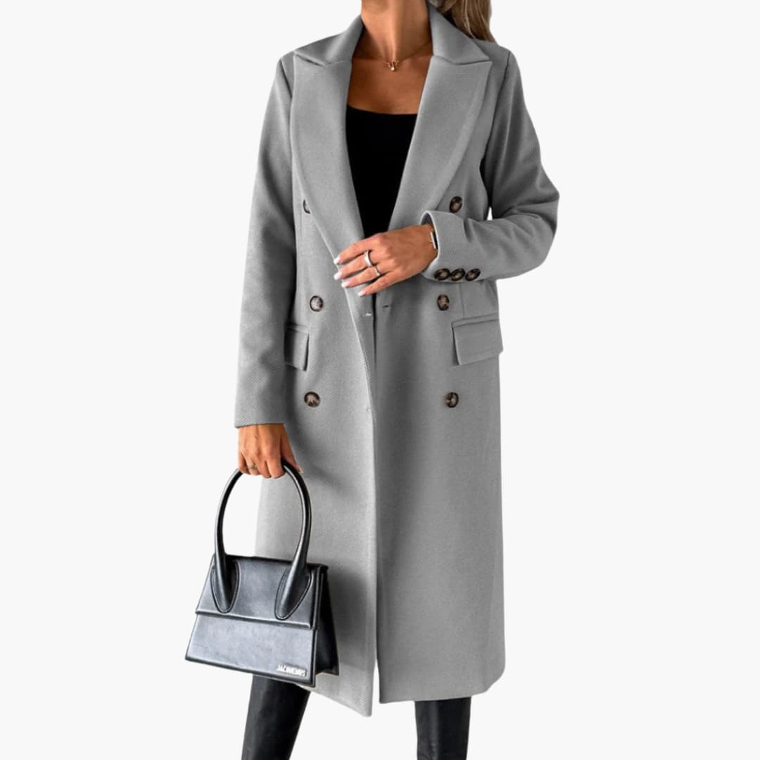 Women's knee-length notched collar coat, front button closure, flap pockets, tailored chic silhouette