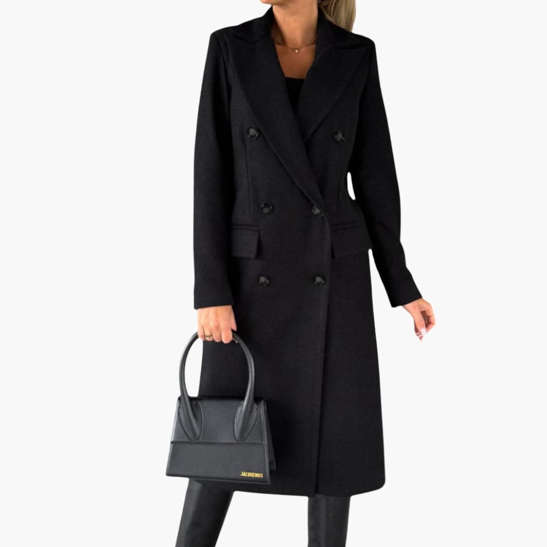 Women's knee-length notched collar coat, front button closure, flap pockets, structured chic silhouette