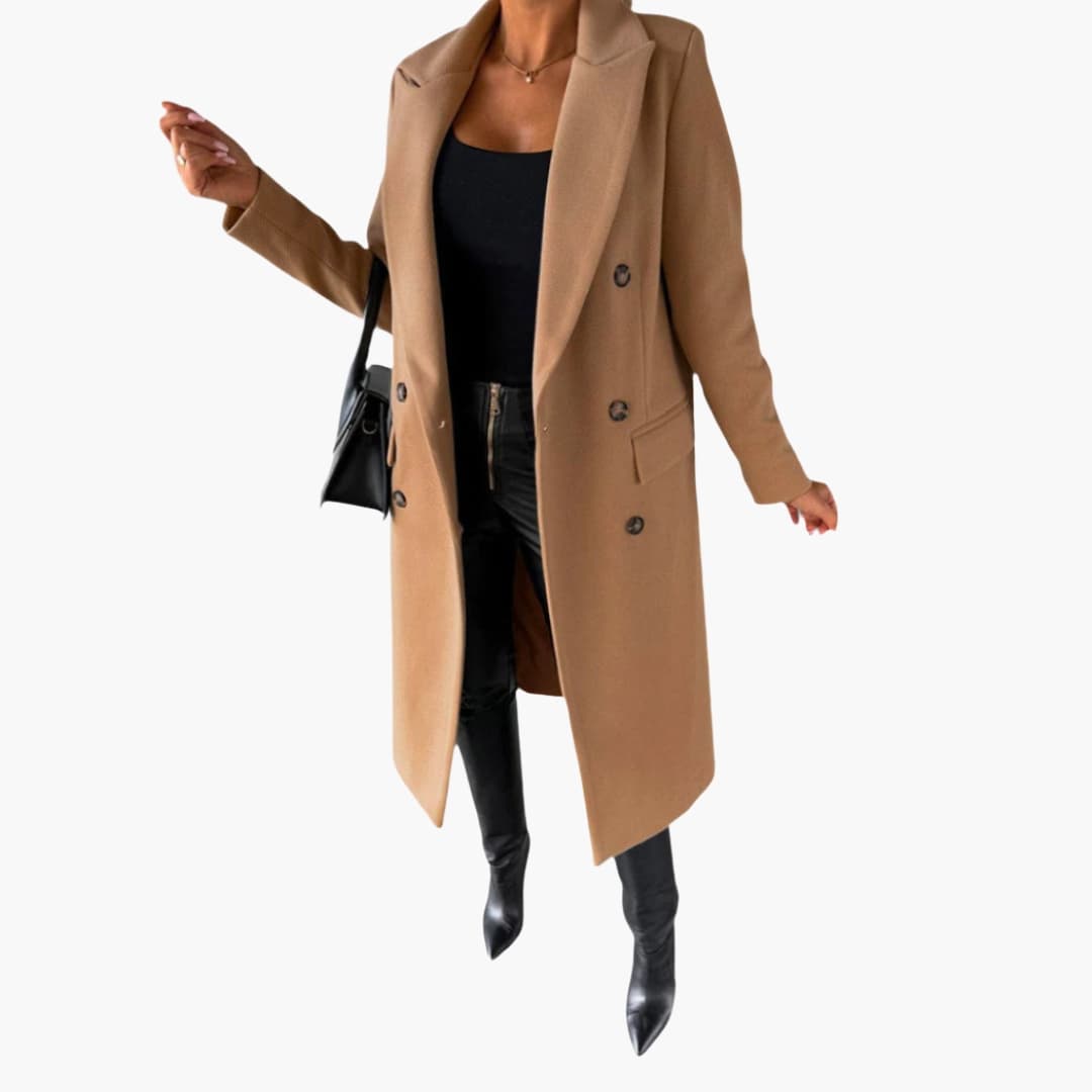 Women's knee-length notched collar coat with front button closure, flap pockets, and button cuff sleeves