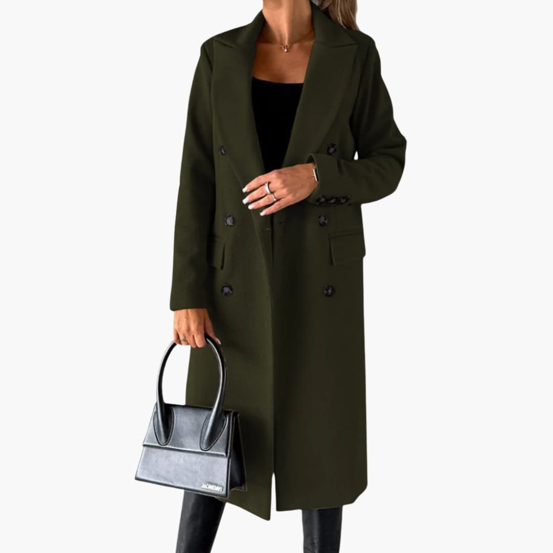 Women's knee-length notched collar coat front button closure flap pockets button cuffs chic tailored fit