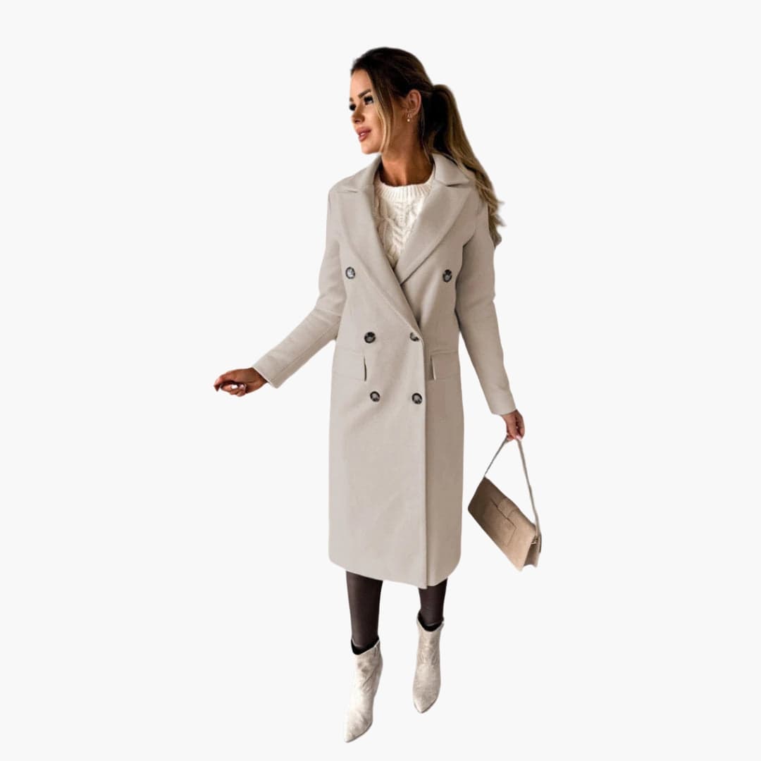 Women's knee-length notched collar coat with front button closure, flap pockets, and button cuff sleeves
