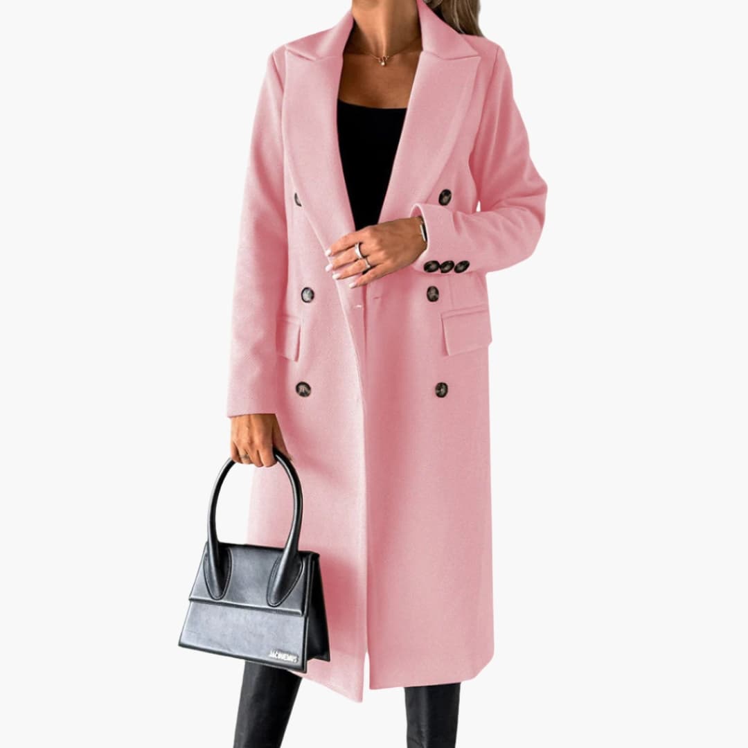 Women's knee-length coat with notched lapel collar, front button closure, and flap pockets