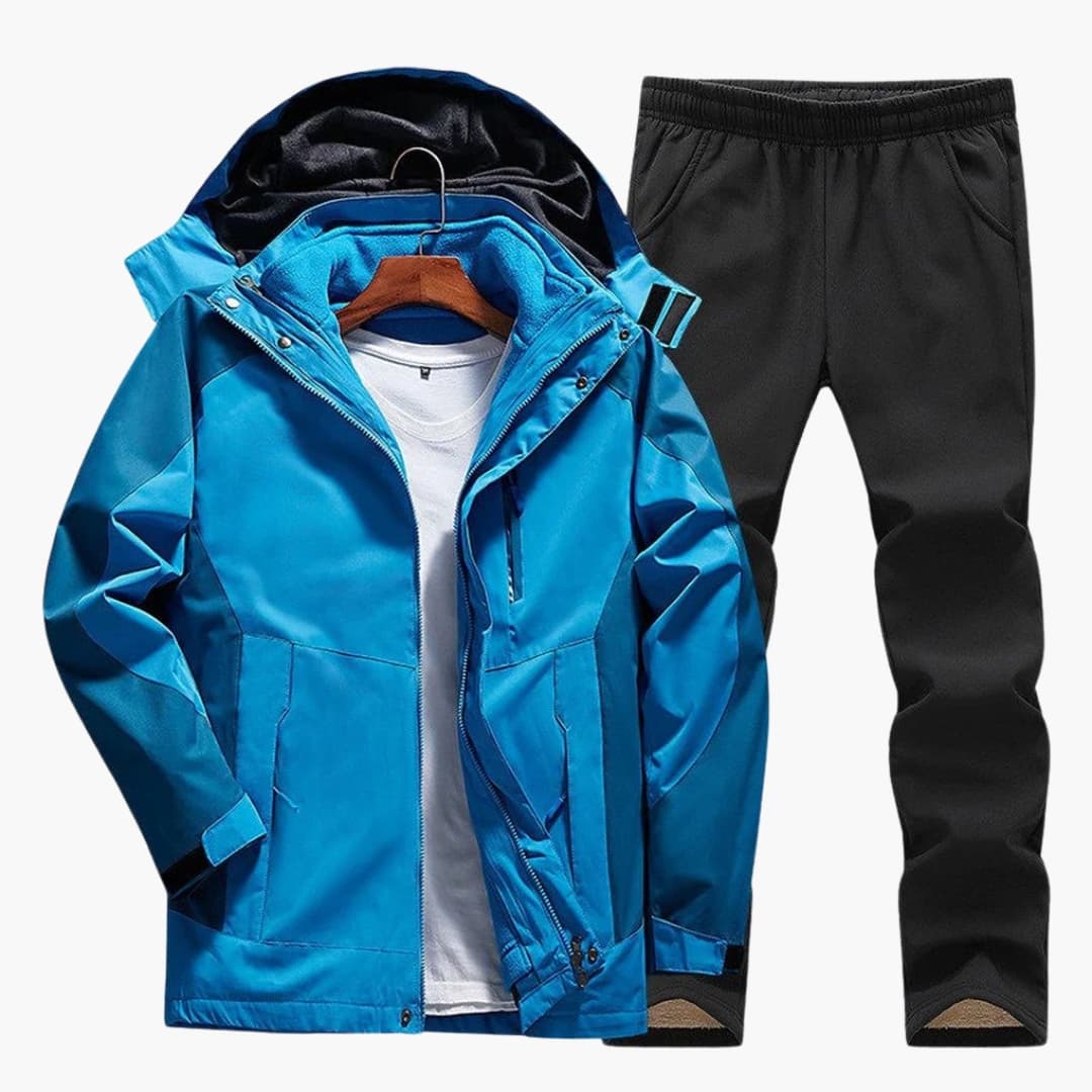 Women's hooded outdoor jacket and straight pants set in neutral tones with zippered pockets and adjustable cuffs