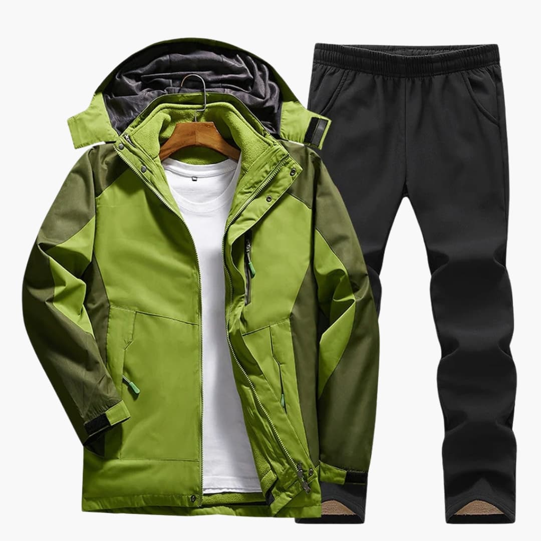 Women's hooded outdoor jacket and straight pants set in neutral tones with zippered pockets and adjustable cuffs