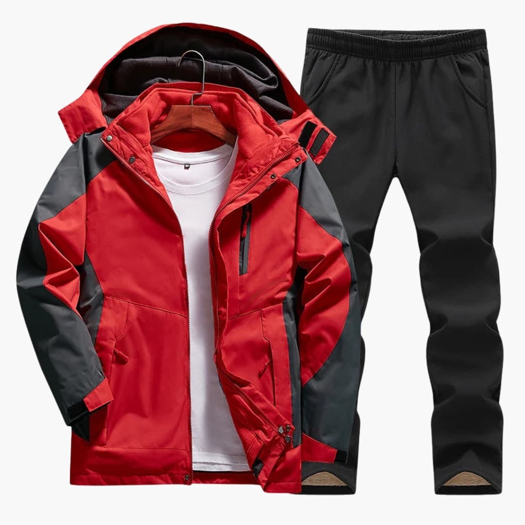 Women's hooded outdoor jacket and straight pants set in coordinated style with zippered pockets
