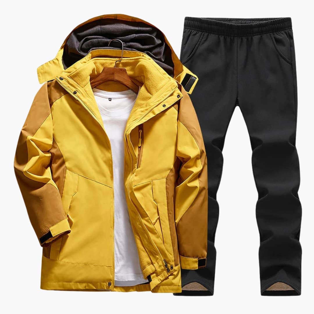 Women's hooded outdoor jacket and straight pants set in neutral tones with zippered pockets and adjustable cuffs
