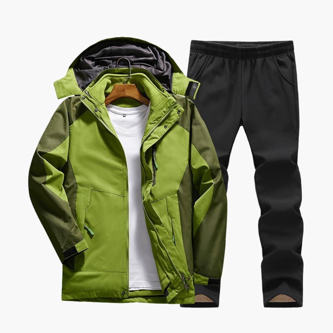 Women's hooded hiking jacket and pants set in neutral tones with elastic waist and removable lining