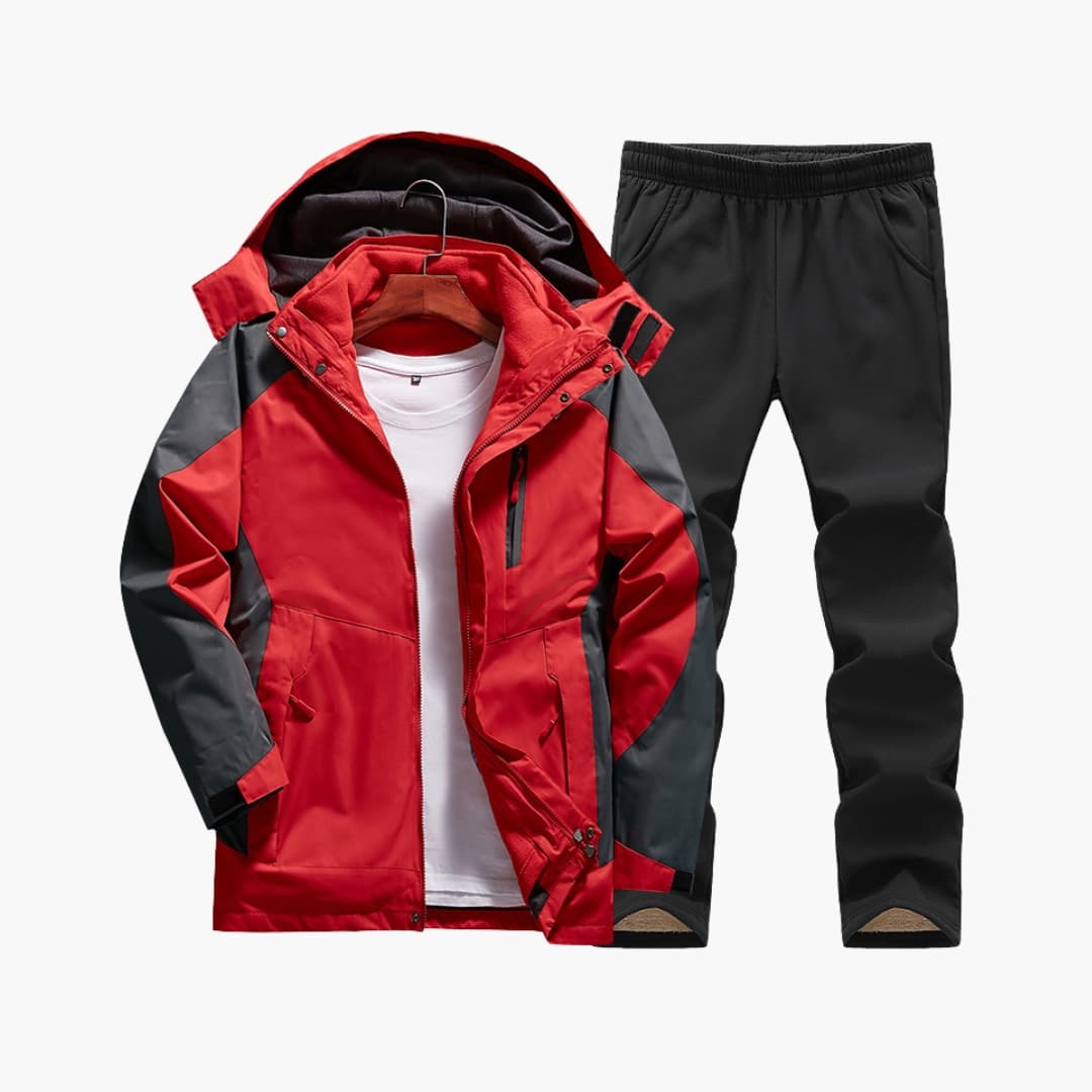 Women's hooded outdoor jacket and pants set in neutral tones with elastic waist and functional pockets