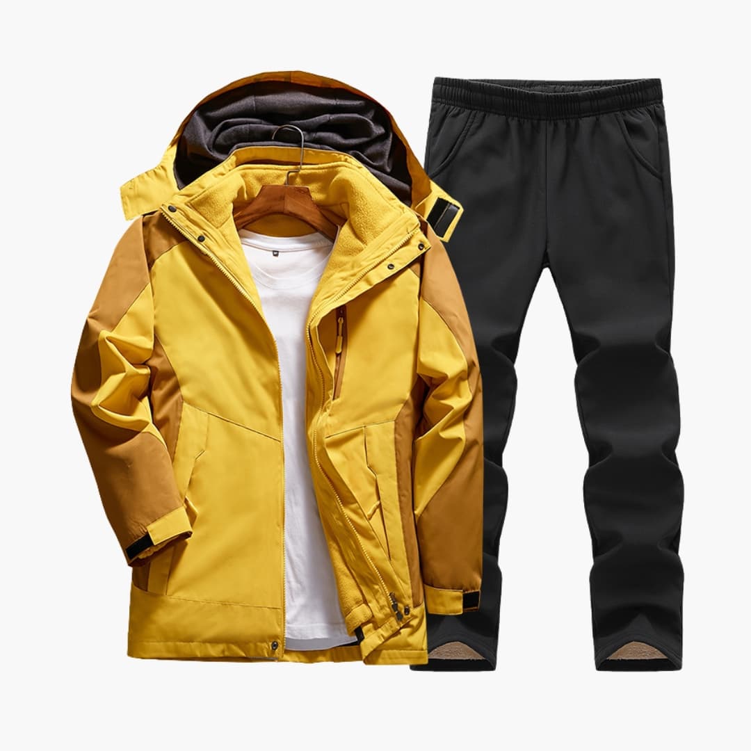 Women's hooded outdoor jacket and pants set in solid color with elastic waist and functional pockets