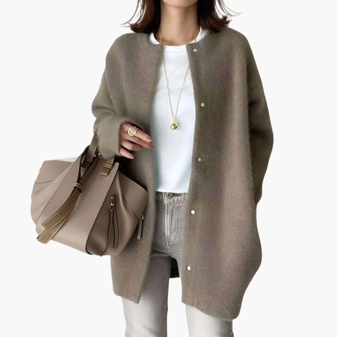 Women's snap-button cardigan long sleeve cozy layering knit in neutral tones relaxed fit