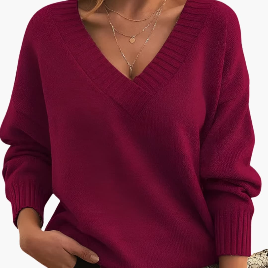 Women's oversized knit sweater, deep V-neck, ribbed cuffs, relaxed cozy pullover for casual layering
