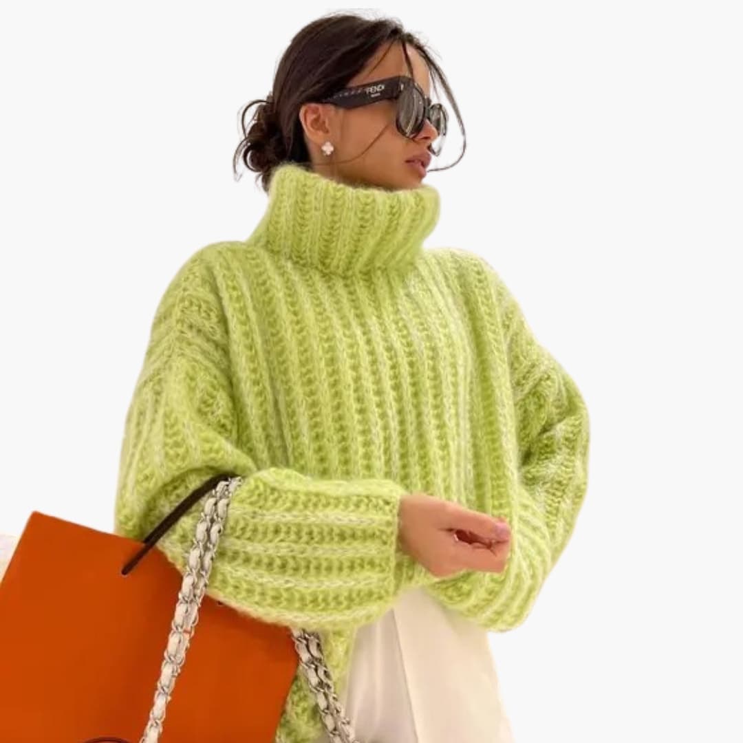 Women's oversized turtleneck knit sweater wide sleeves solid color cozy layering fall winter relaxed fit