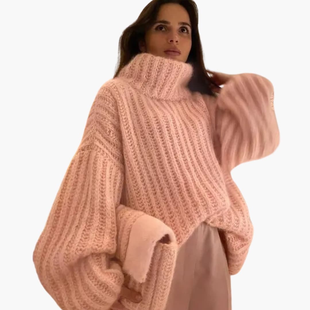 Women's oversized turtleneck knit sweater wide sleeves solid color cozy relaxed fit layering essential