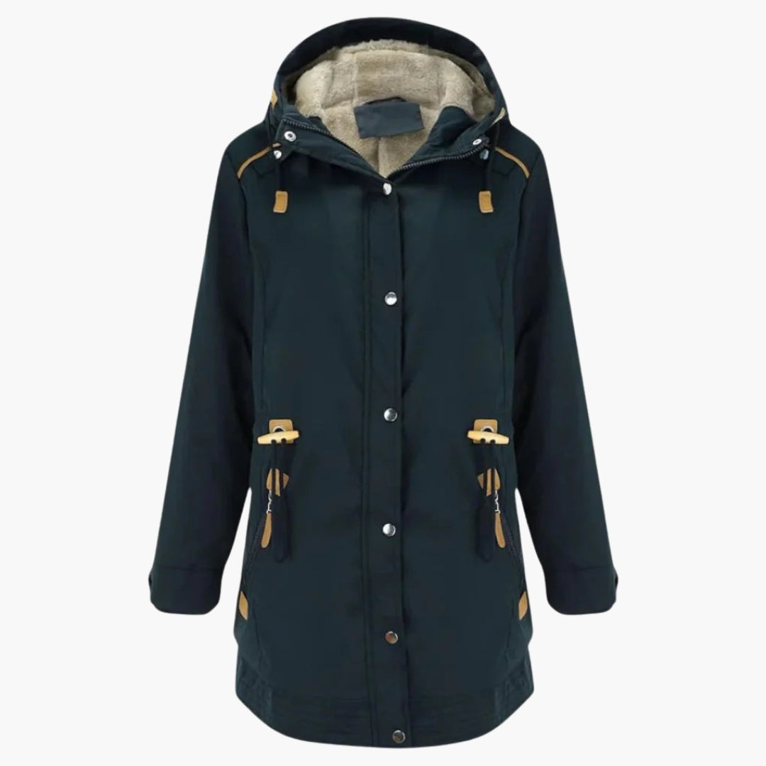 Women's hooded parka jacket button closure lined interior front pockets casual outerwear