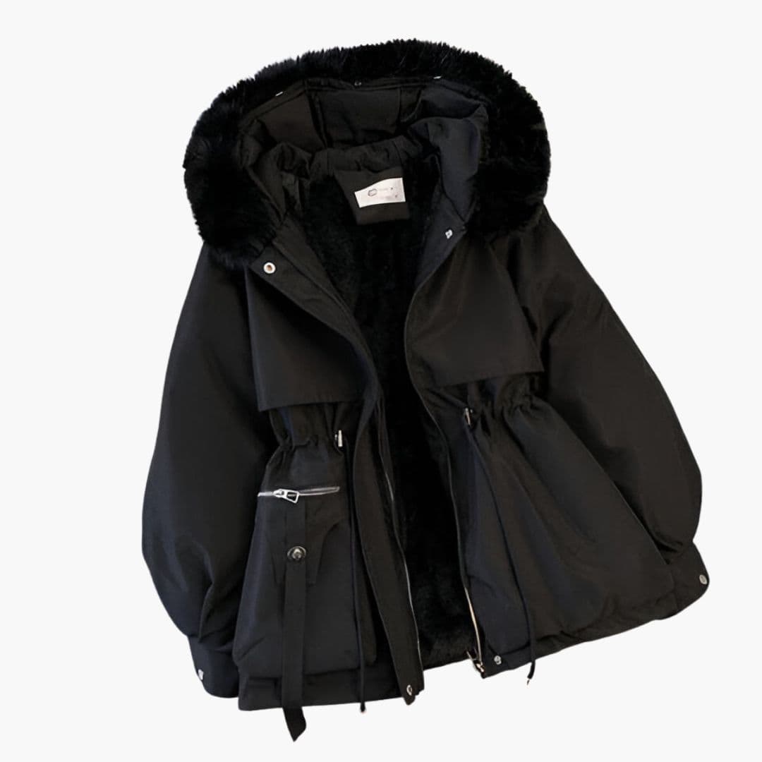 Women's insulated parka with faux fur trim hood, adjustable waist, cold weather winter coat