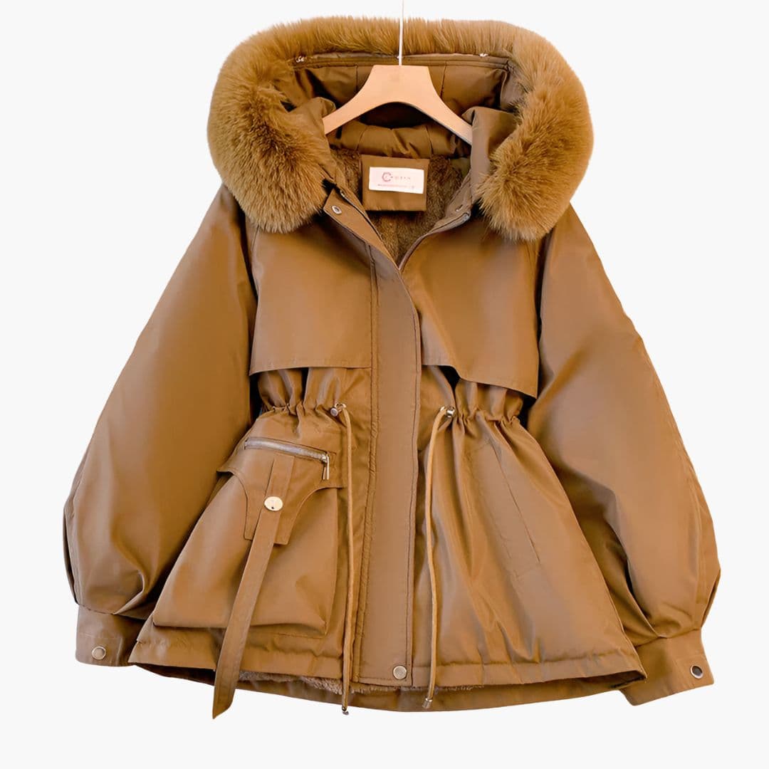Women's red parka with faux fur trim hood, adjustable waist, front zipper and snap closure