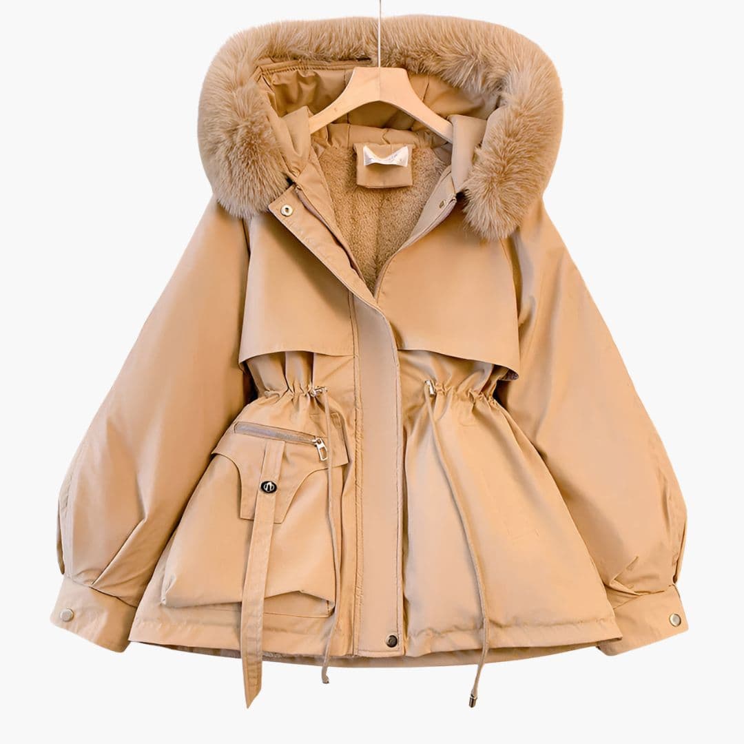 Women's red parka with hood, faux fur trim, adjustable waist, front zipper and snap closure