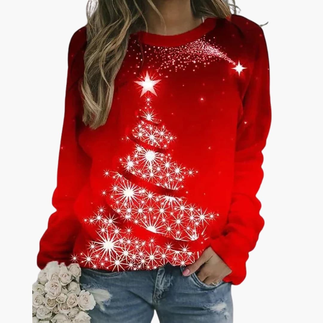 Women's festive pattern knit sweater, long sleeves, cozy round neck, woven holiday design for winter