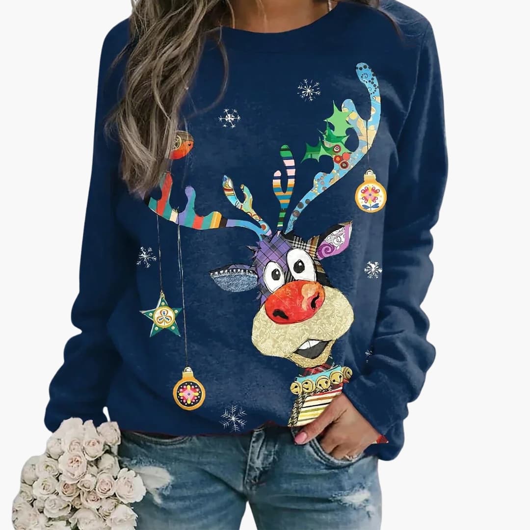 Women's cozy round neck knit sweater with festive woven pattern and long sleeves for winter