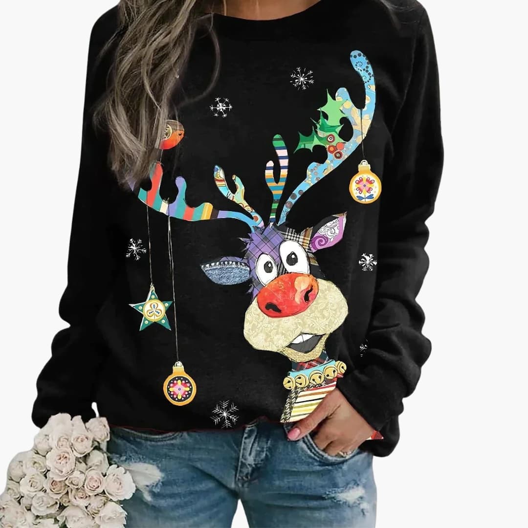 Women's cozy round neck knit sweater with long sleeves and festive woven pattern for winter