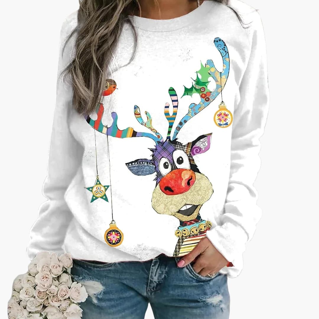 Women's cozy round neck knit sweater with long sleeves and festive woven pattern for winter