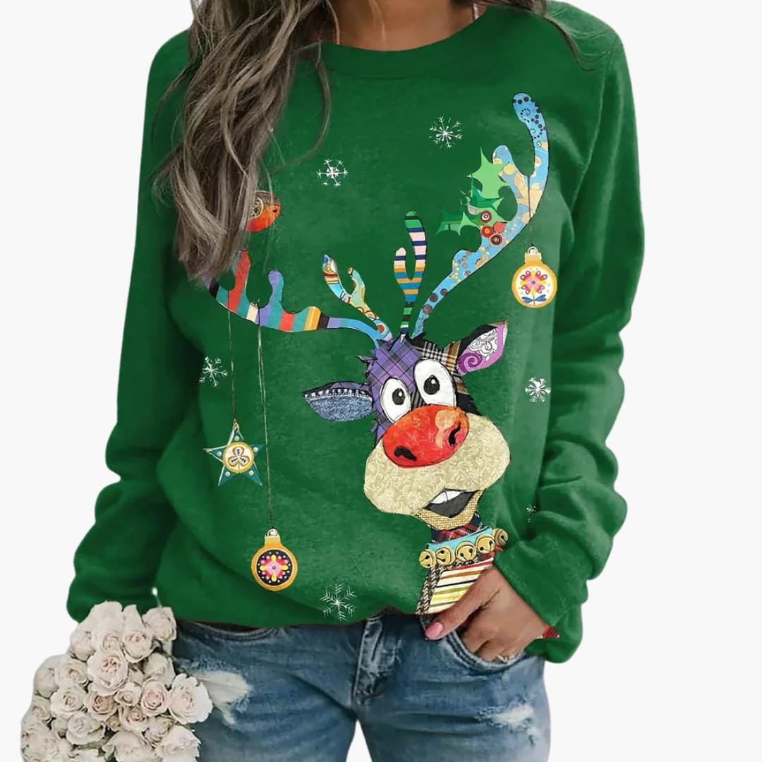 Women's festive pattern knit sweater long sleeves cozy round neck winter holiday style