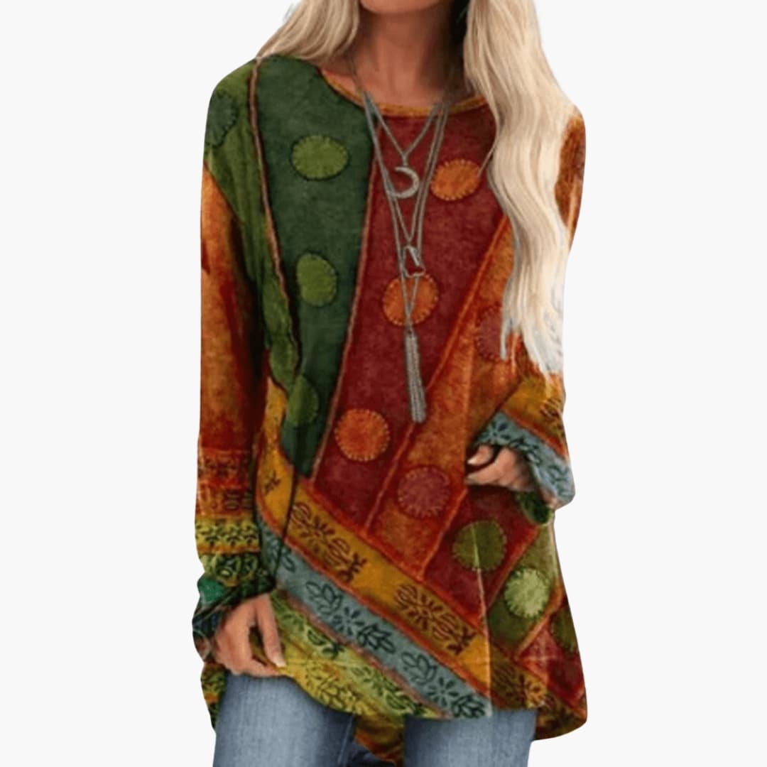 Women's boho patchwork tunic multicolor geometric print relaxed long sleeve top with artistic design
