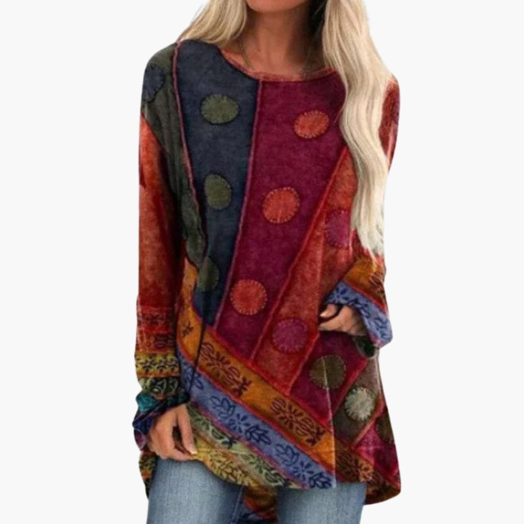 Women's boho patchwork tunic multicolor geometric print relaxed long sleeve top with artistic colorblock design