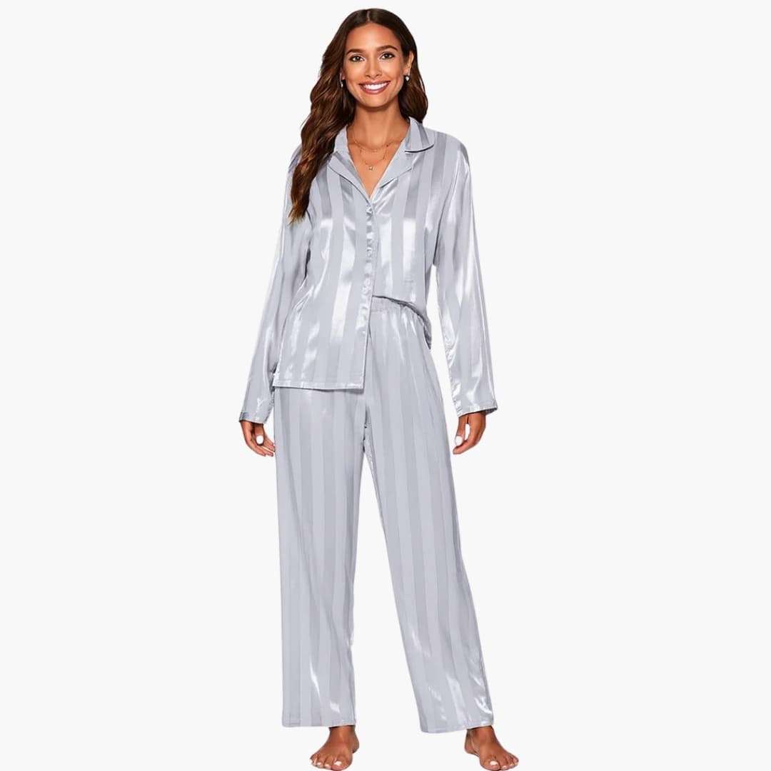 Women's button-down pajama set with elastic waist pants, long-sleeve lapel collar sleepwear two-piece