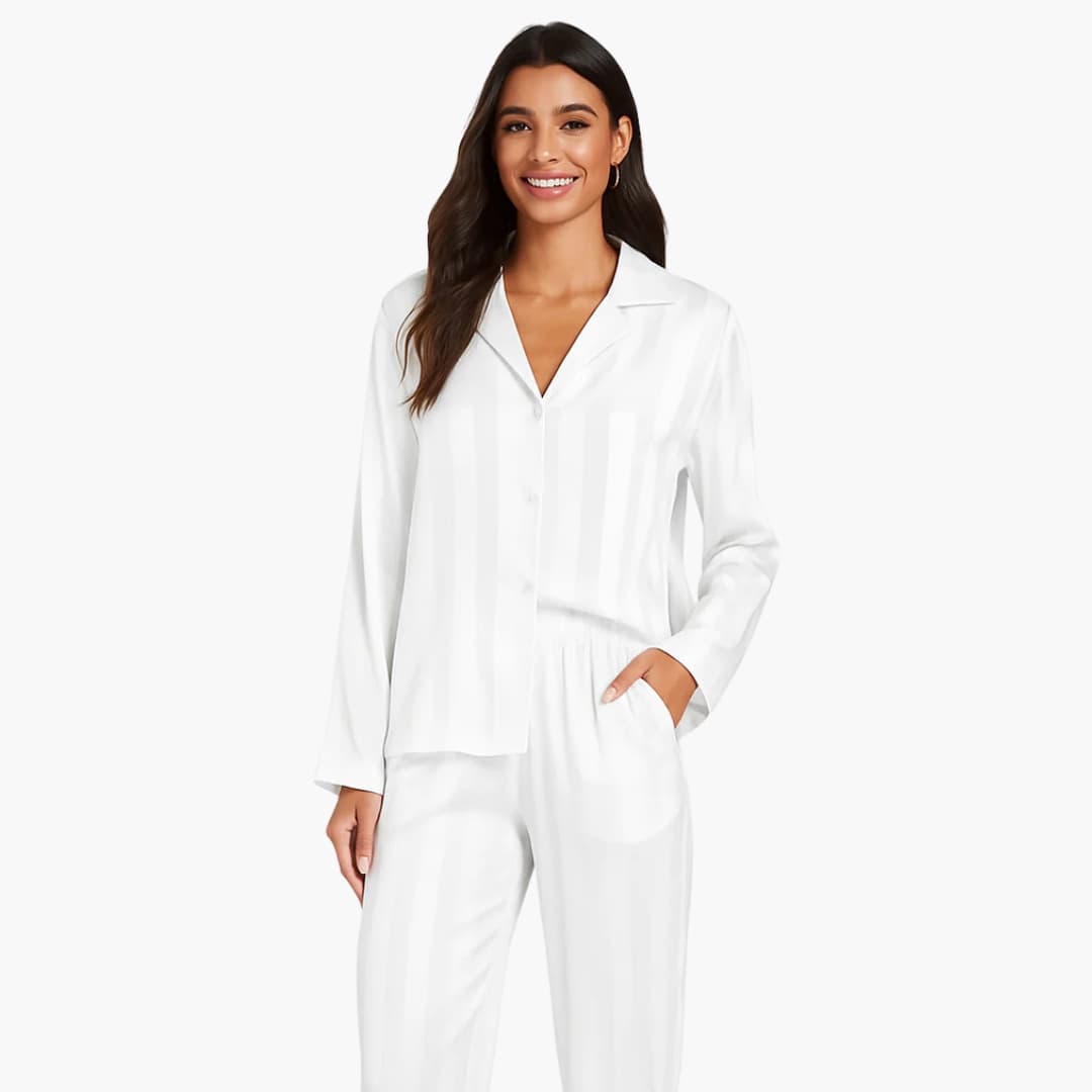 Women's button-down pajama set with elastic waist pants, classic lapel collar, coordinated sleepwear