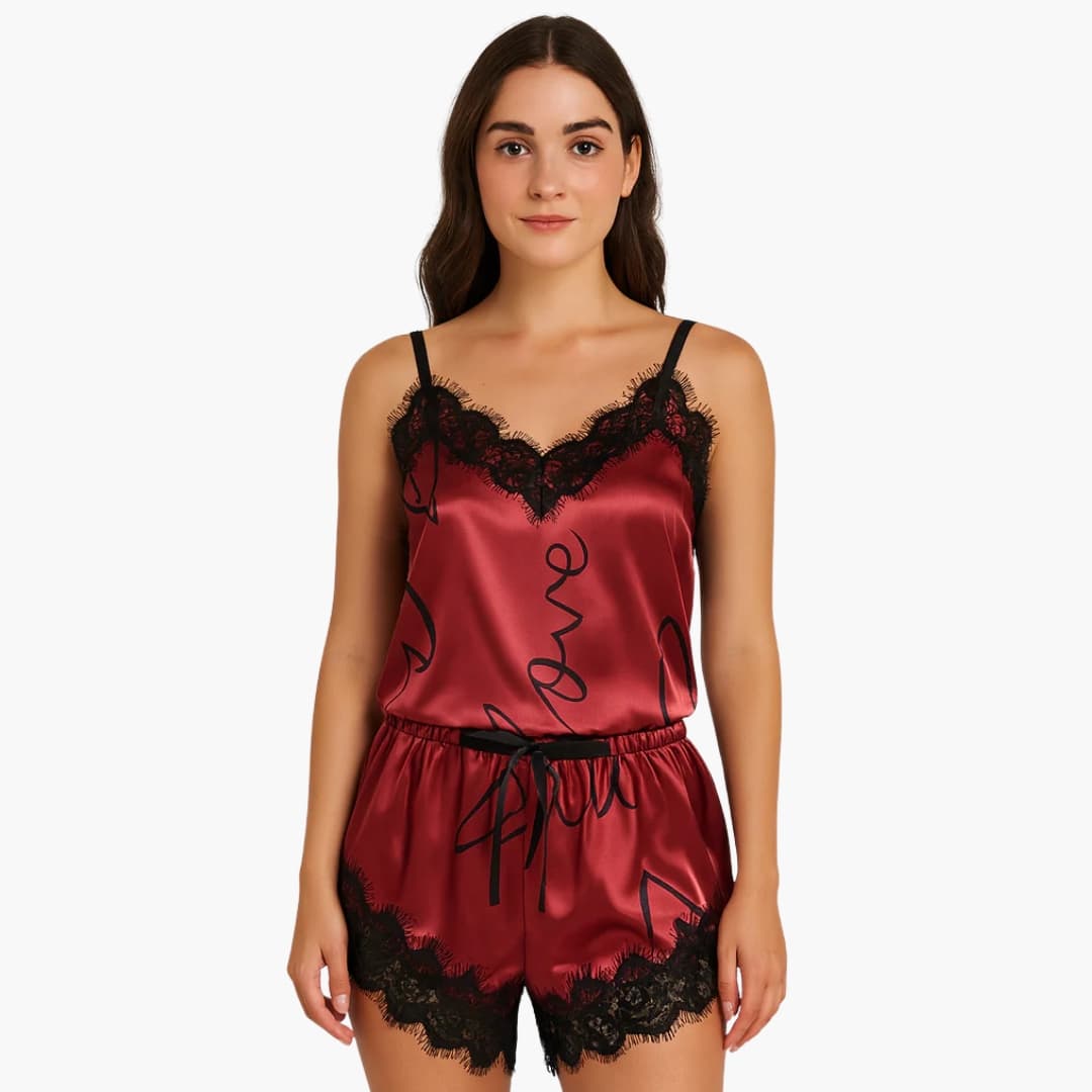 Women's spaghetti strap pajama set with lace trim top and printed shorts, soft breathable sleepwear