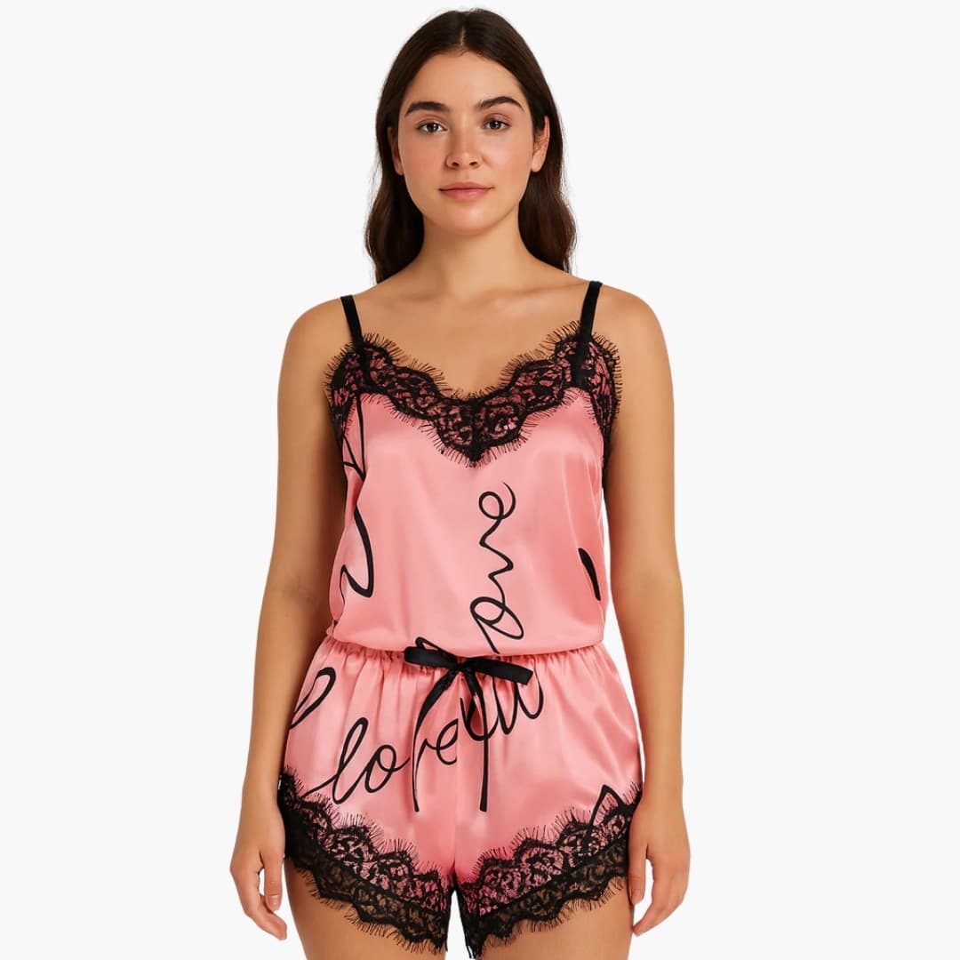 Women's spaghetti strap pajama set with printed shorts and lace trim neckline, soft sleeveless sleepwear