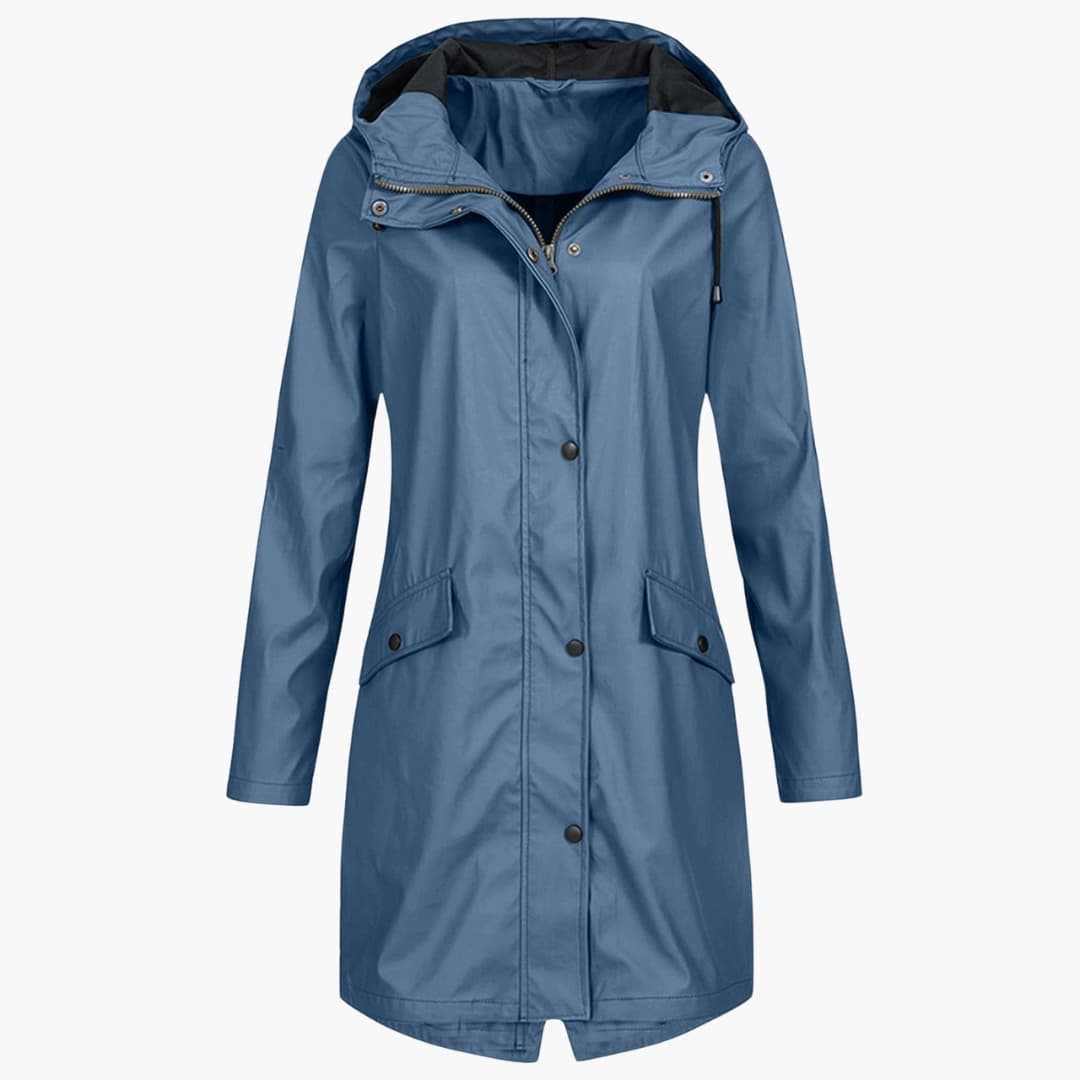 Women's waterproof hooded mid-length raincoat with zip and snap placket closure for commuting
