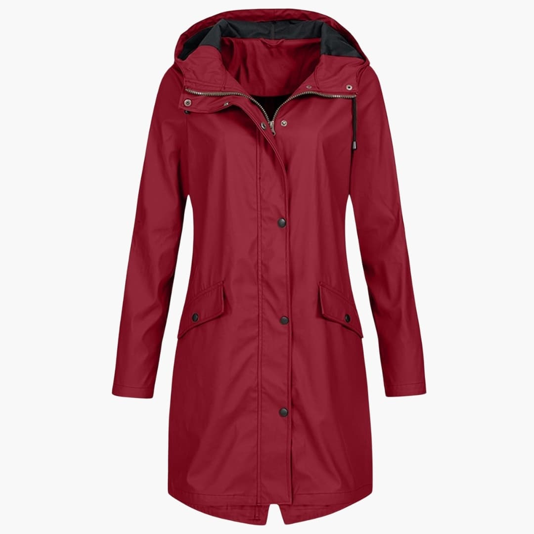 Women's waterproof hooded mid-length raincoat with zipper and snap placket for commute and outdoor use