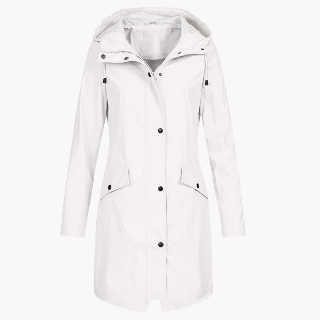 Women's hooded raincoat with full-length zipper, adjustable drawstring hood and front pockets
