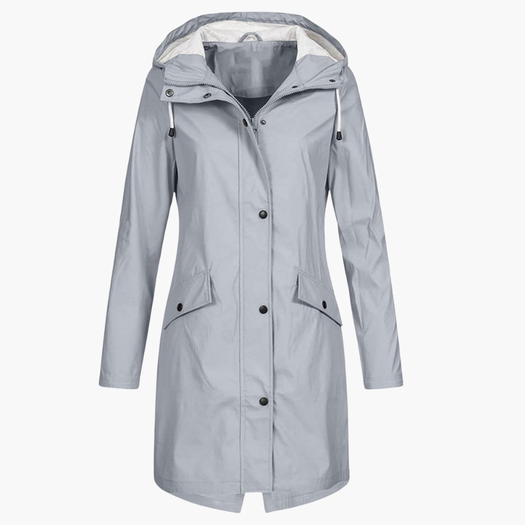 Women's hooded raincoat with full-length zipper, adjustable drawstring hood, structured fit, front pockets