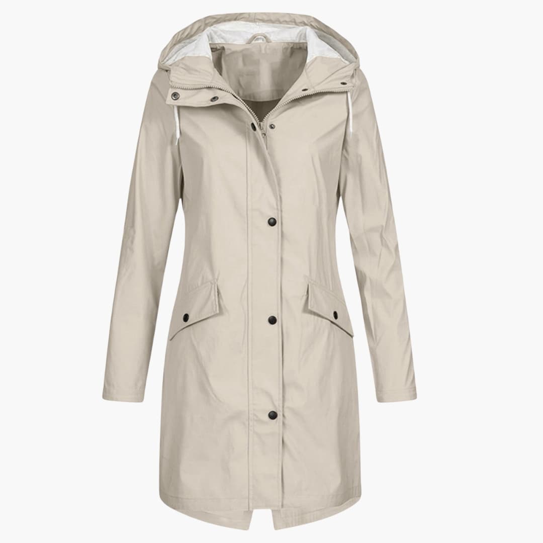 Women's hooded raincoat with full-length zipper, adjustable drawstring hood and front pockets