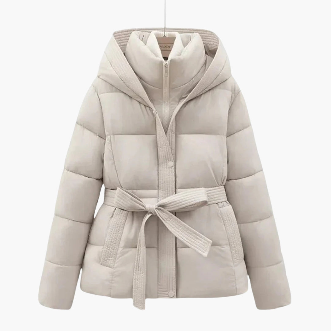 Women's quilted hooded jacket with belt, high collar, front zip, in a cozy all-season style