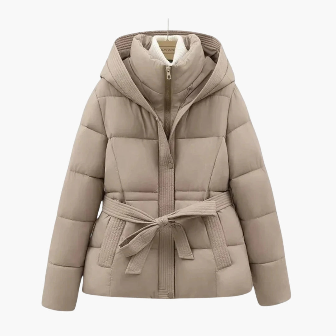 Women's quilted hooded jacket with belt, high collar, front zip, cozy all-season warmth