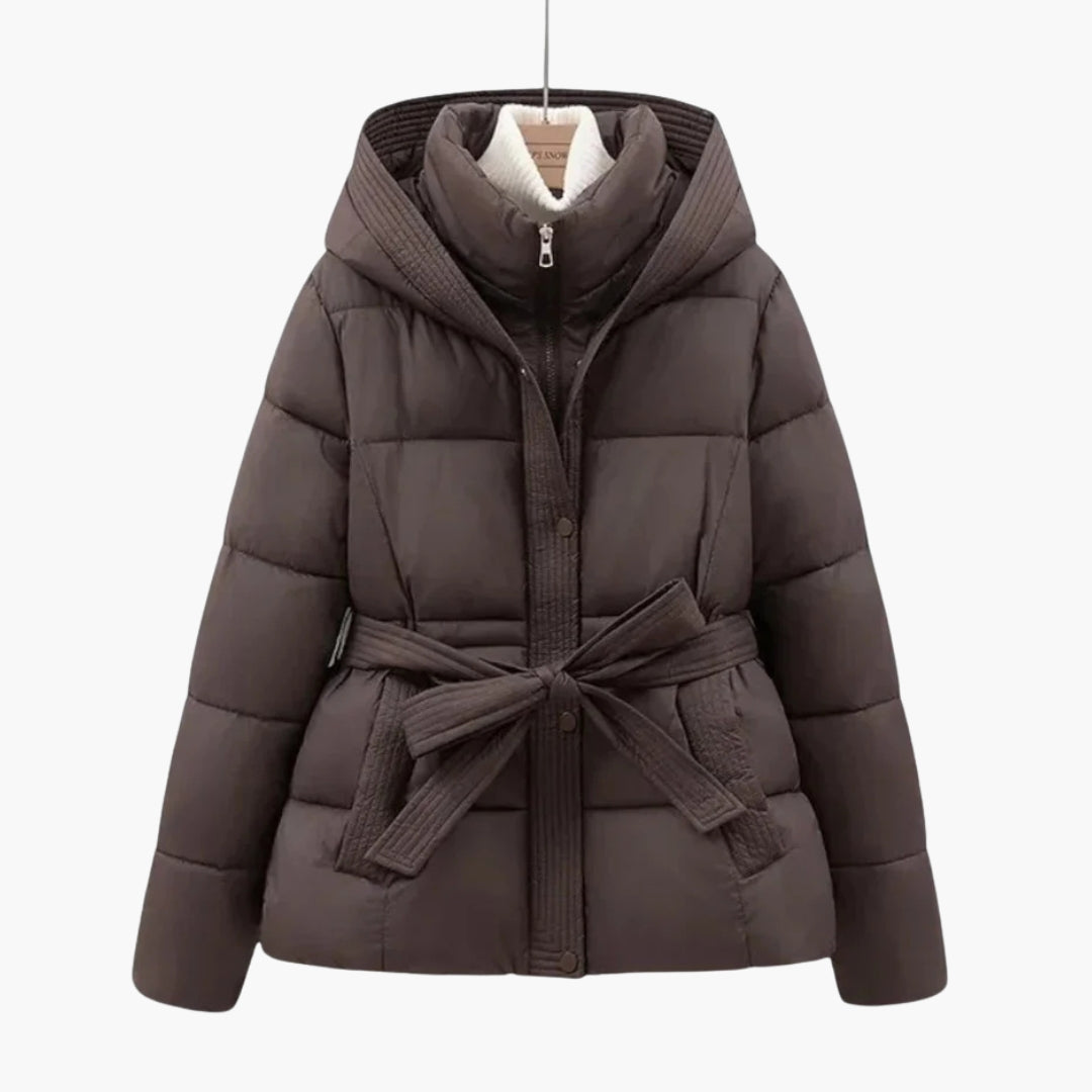 Women's quilted hooded jacket with belt, high collar, front zip, cozy all-season warmth