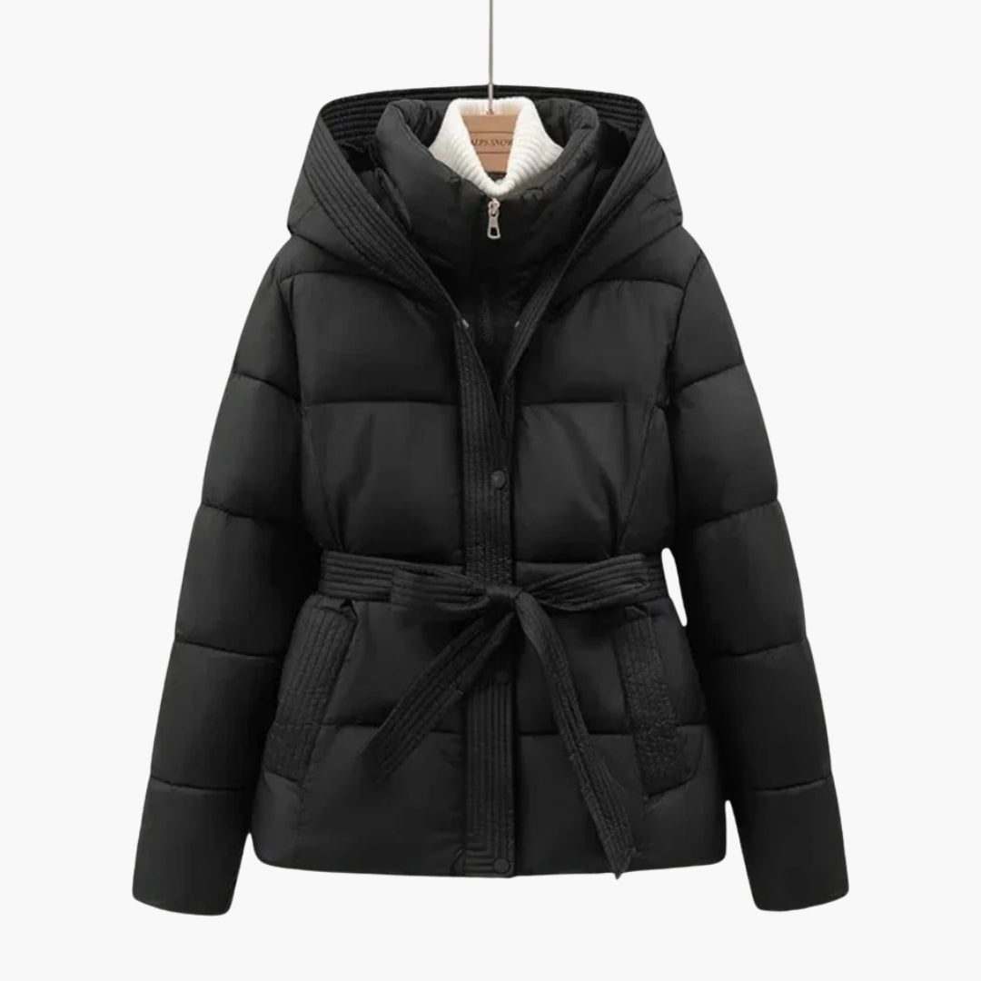 Women's quilted hooded jacket with belt, high collar, front zip, warm versatile fit
