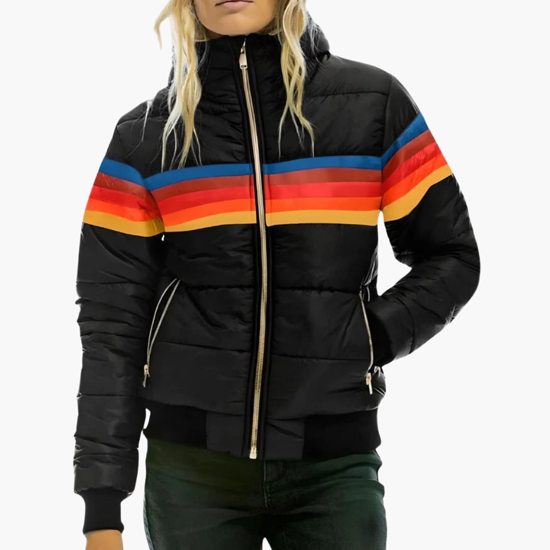 Women's hooded padded jacket black striped chest detail full front zipper side pockets winter
