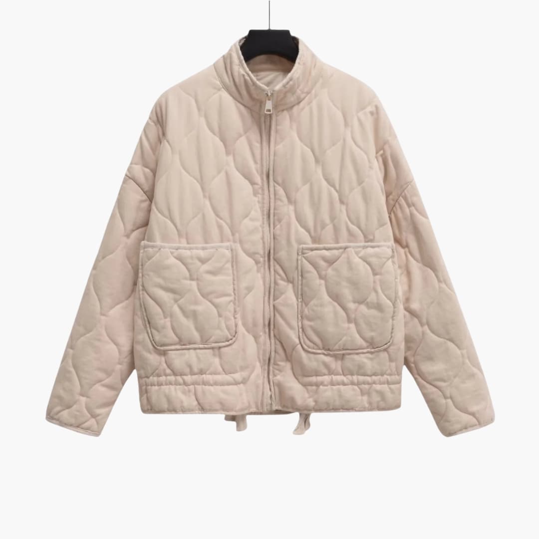 Women's lightweight quilted jacket with zipper, side pockets, and horizontal quilting pattern
