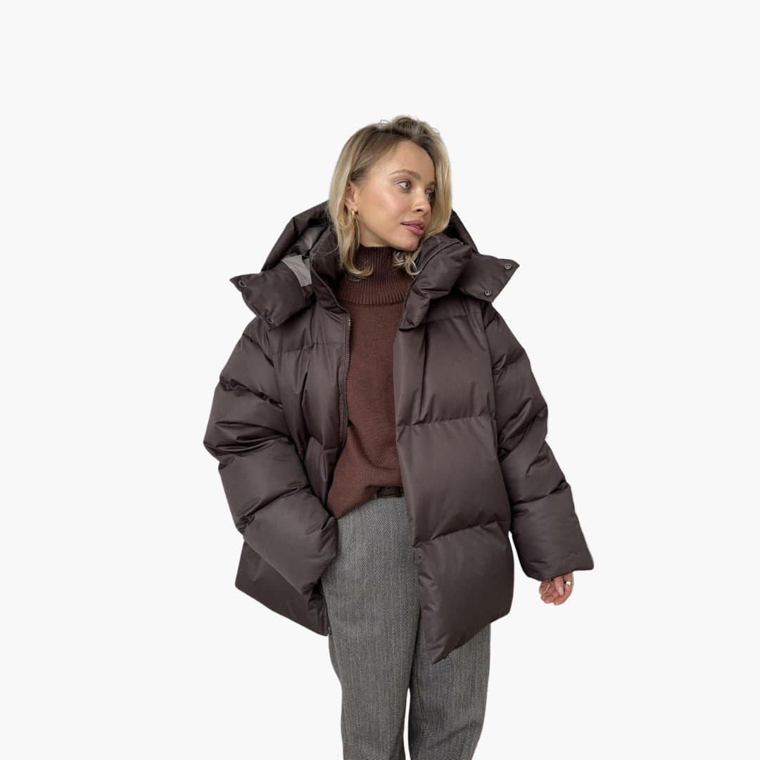 Women's black quilted jacket high collar full-length zipper hip-length padded everyday outerwear